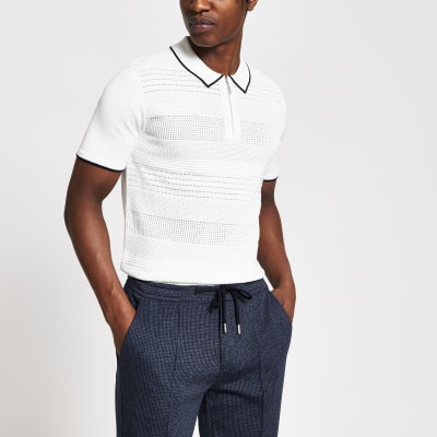 Ecru half zip slim fit knitted polo top
