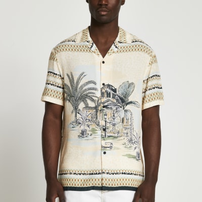 Ecru landscape slim fit revere shirt