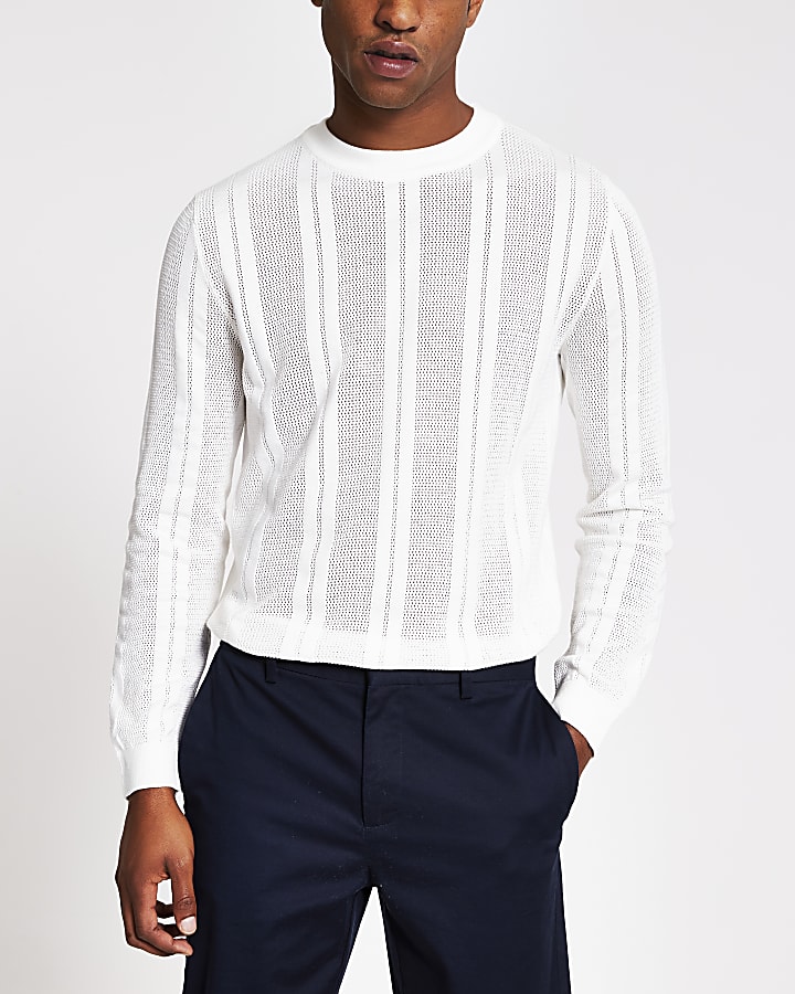 Ecru mesh stripe slim fit knitted jumper