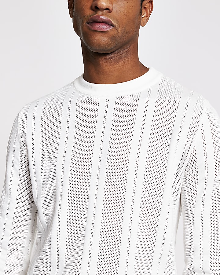 Ecru mesh stripe slim fit knitted jumper