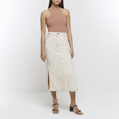 Ecru Midi Denim Skirt | River Island