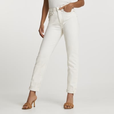 Relaxed High Waisted Cotton Trousers - Light Beige - Straight