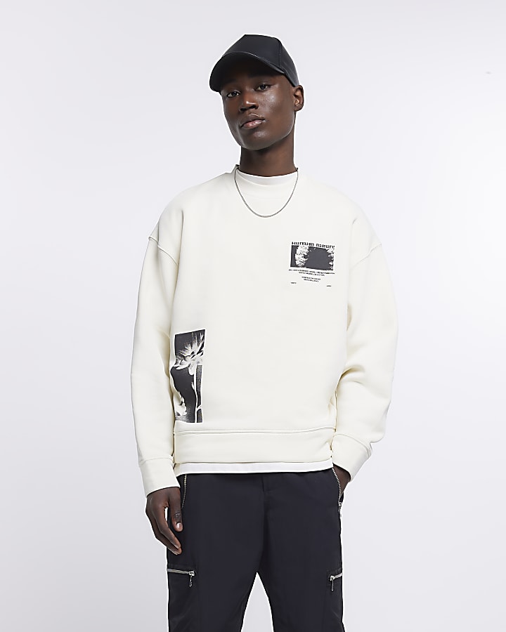 Ecru oversized fit graphic print sweatshirt