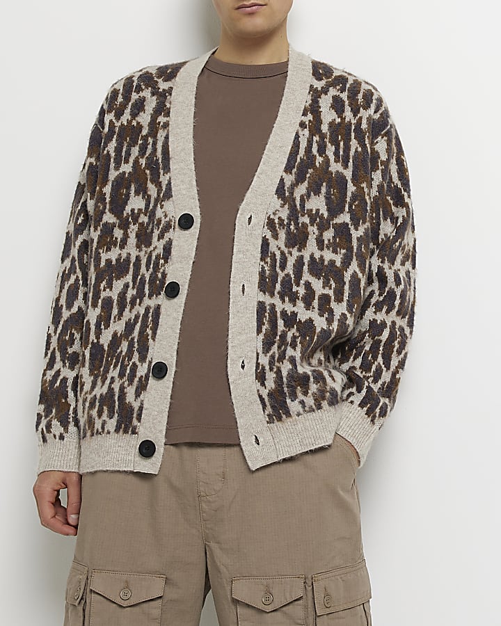 Ecru Oversized fit Leopard Brushed  Cardigan