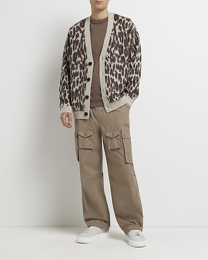 Ecru Oversized fit Leopard Brushed  Cardigan