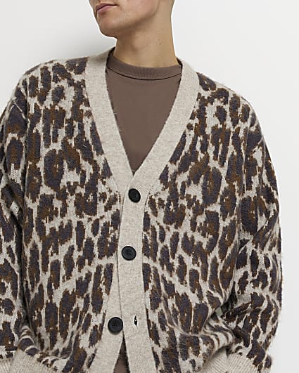 Ecru Oversized fit Leopard Brushed Cardigan