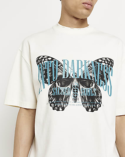 Ecru oversized fit moth skull print t-shirt
