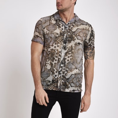 Ecru print short sleeve sheer shirt