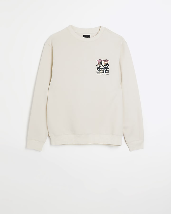 Ecru regular back Japanese print sweatshirt