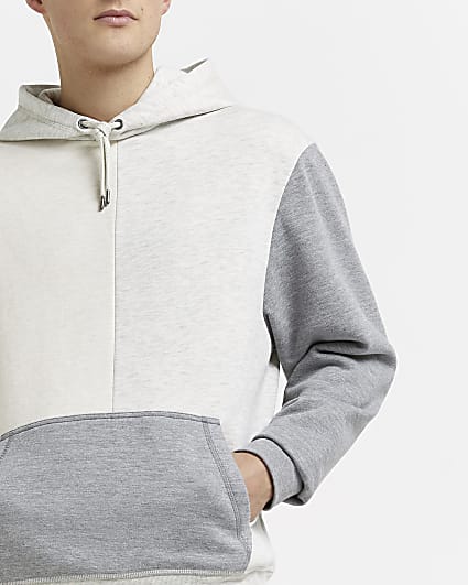 Ecru regular fit colour block hoodie
