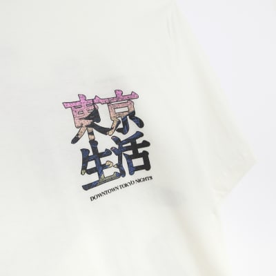 Ecru regular fit Japanese print t-shirt