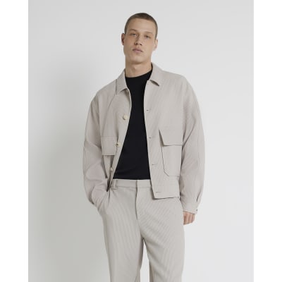 Ecru regular fit plisse harrington jacket