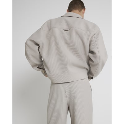 Ecru regular fit plisse harrington jacket