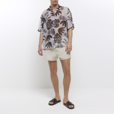 Ecru regular fit sheer leaf print shirt