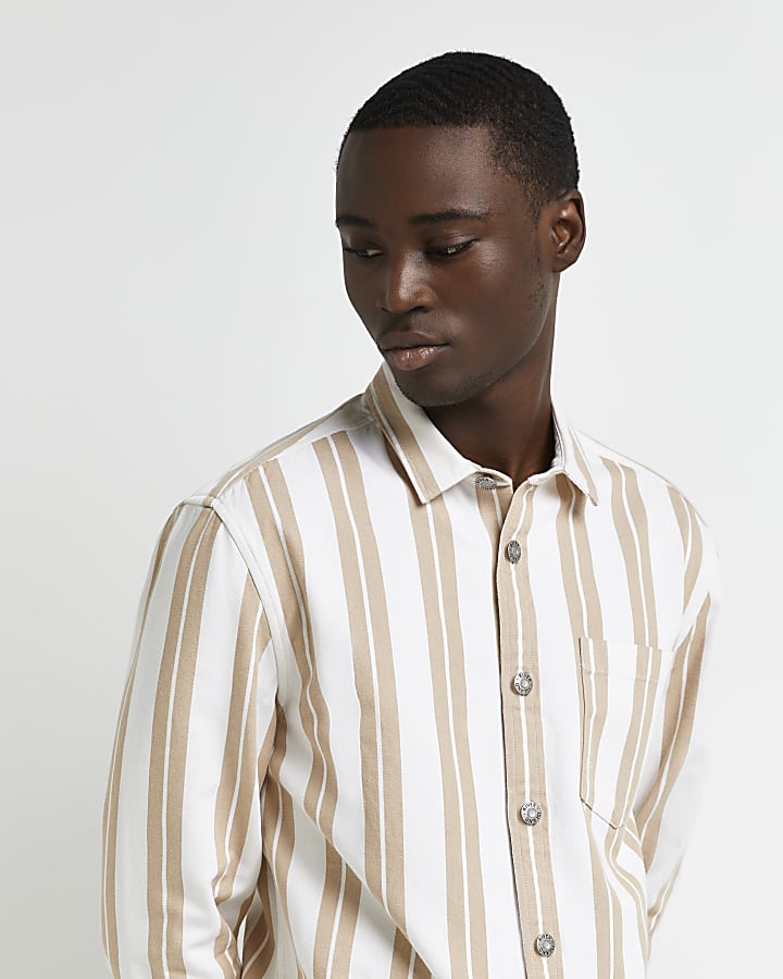Ecru regular fit stripe long sleeve shirt