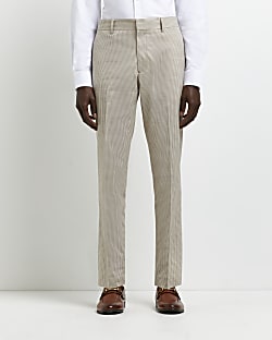 Ecru skinny fit gingham suit trousers