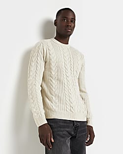 Ecru Slim Fit cable knit jumper