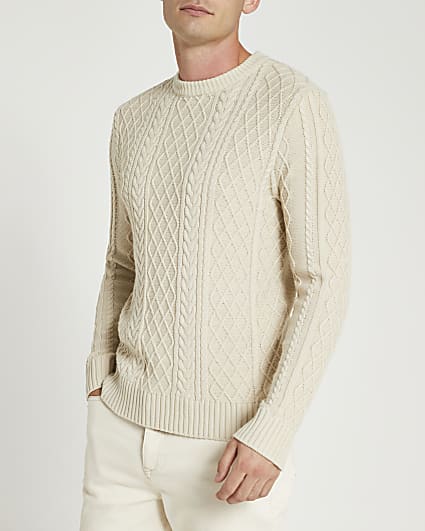 Ecru slim fit cable knit jumper