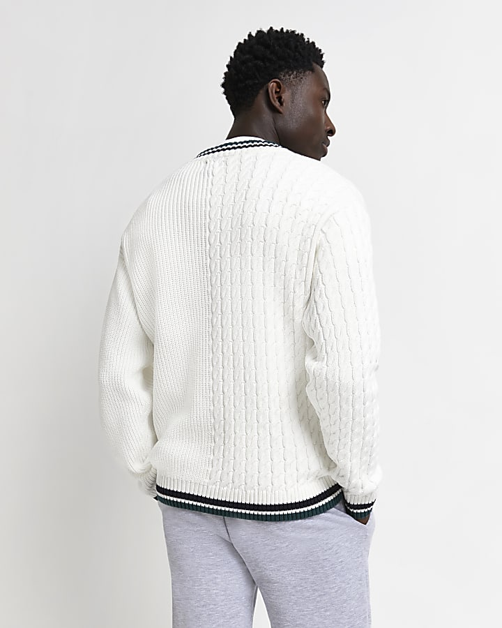Ecru slim fit cable knitted cricket jumper