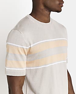 Ecru Slim fit colour block knitted t-shirt