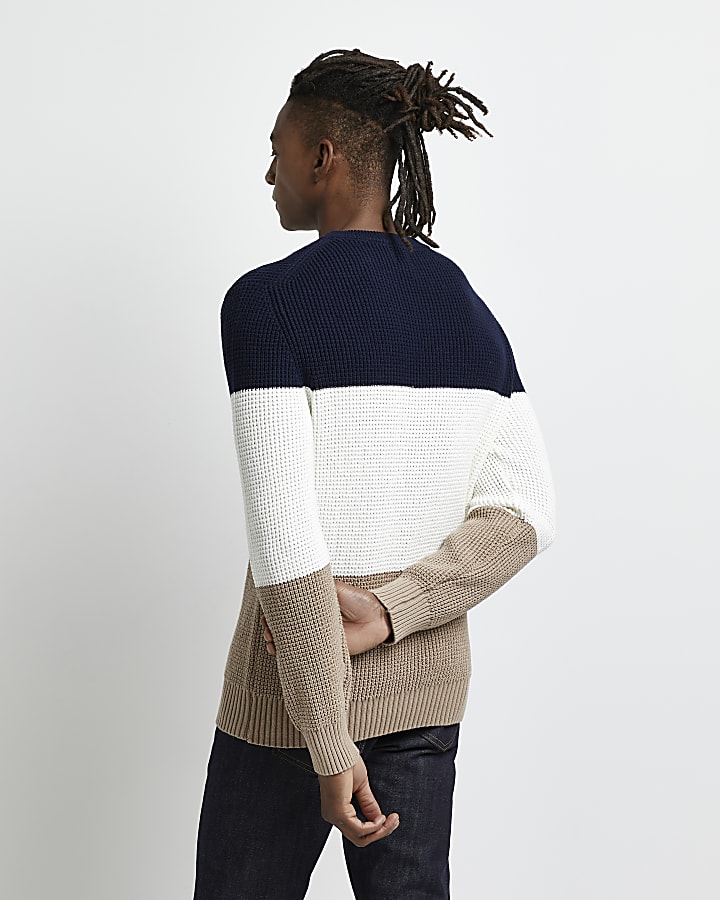 Ecru slim fit colour block waffle knit jumper