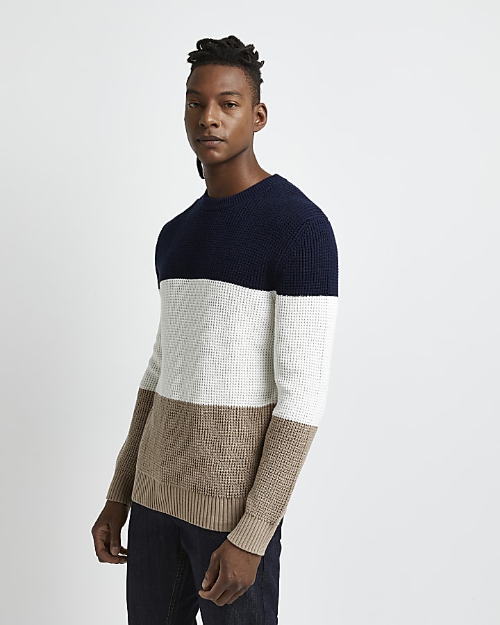 Ecru slim fit colour block waffle knit jumper