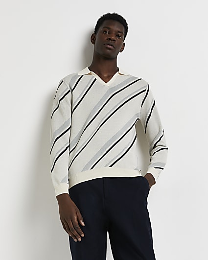 Ecru slim fit diagonal stripe knit polo shirt