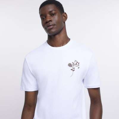Ecru slim fit floral chest print t-shirt | River Island