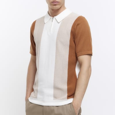 Ecru slim fit knitted colour block polo shirt