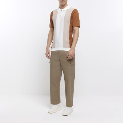 Ecru slim fit knitted colour block polo shirt
