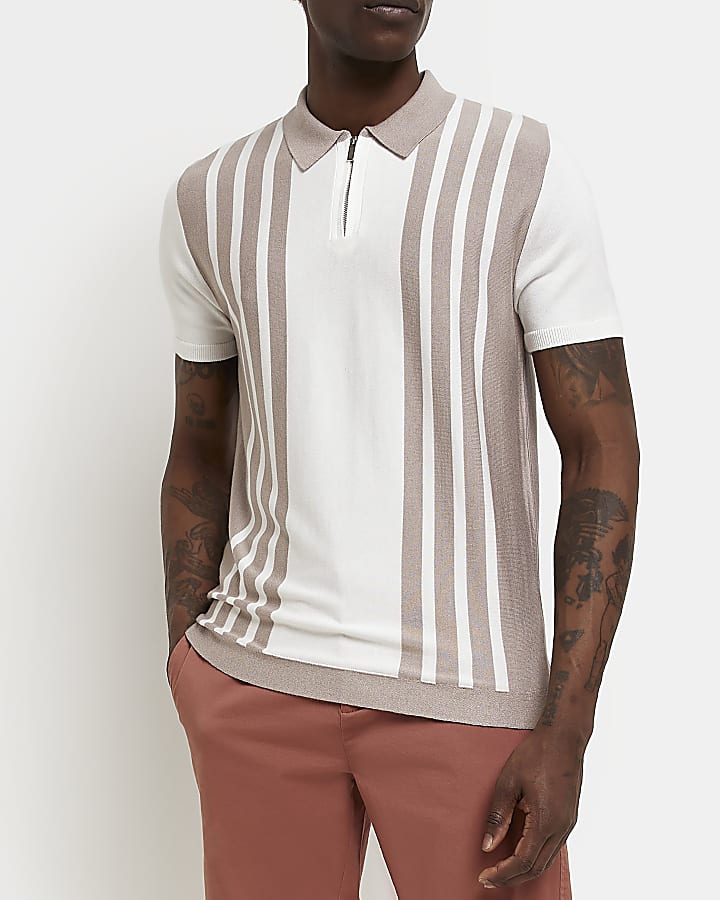 Ecru Slim fit stripe Polo shirt
