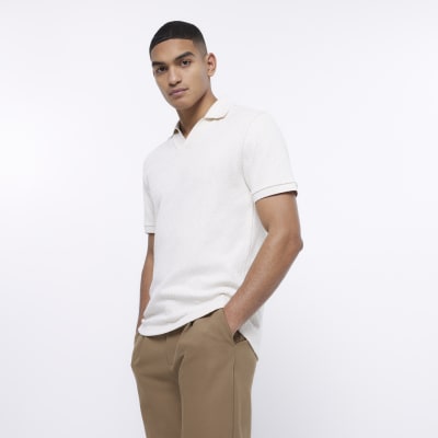 Ecru slim fit textured polo shirt