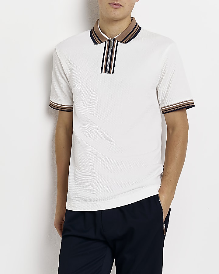 Ecru Slim fit Textured stripe Polo shirt