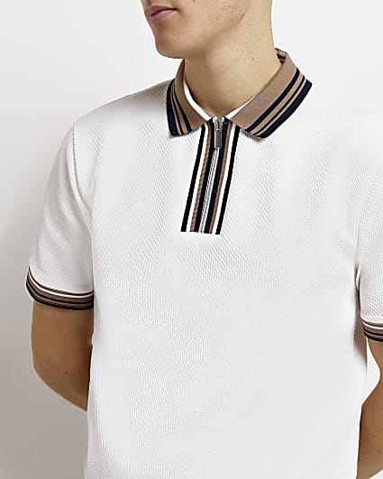 Ecru Slim fit Textured stripe Polo shirt