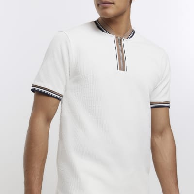 Ecru slim fit textured taped polo shirt
