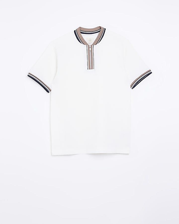 Ecru slim fit textured taped polo shirt