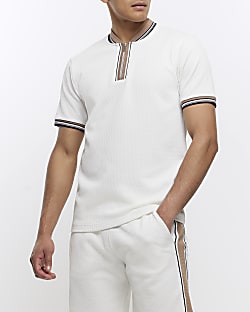 Ecru slim fit textured taped polo shirt
