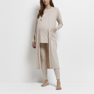 Ecru space dye print maternity maxi cardigan