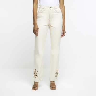 Ecru straight fit embroidered jeans River Island
