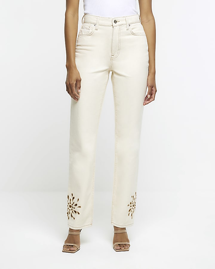 Ecru straight fit embroidered jeans | River Island