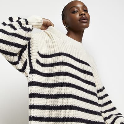 Ecru stripe knit jumper mini dress | River Island