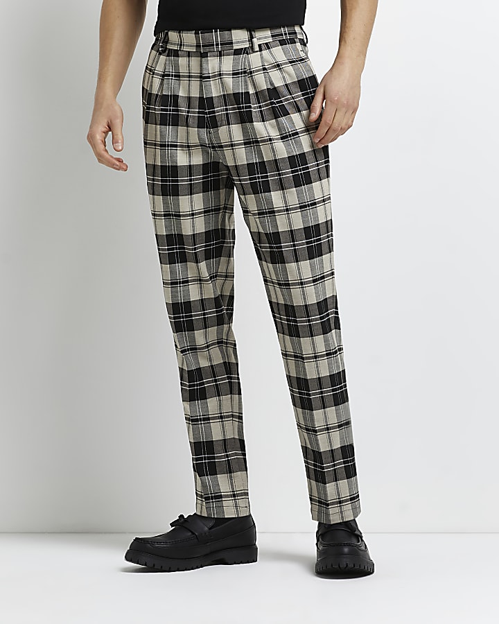 Ecru tapered fit check trousers
