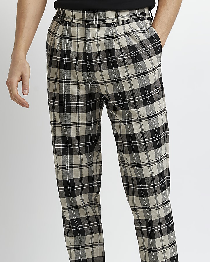 Ecru tapered fit check trousers
