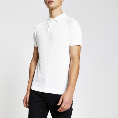 Ecru textured knitted slim fit polo shirt | River Island