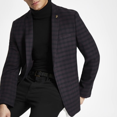Farah burgundy check skinny fit blazer