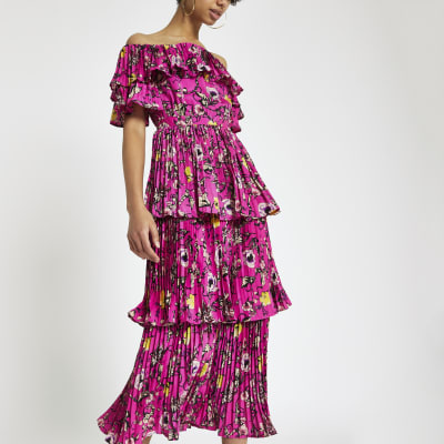 forever unique pink printed bardot midi dress