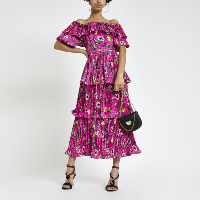 forever unique pink printed bardot midi dress