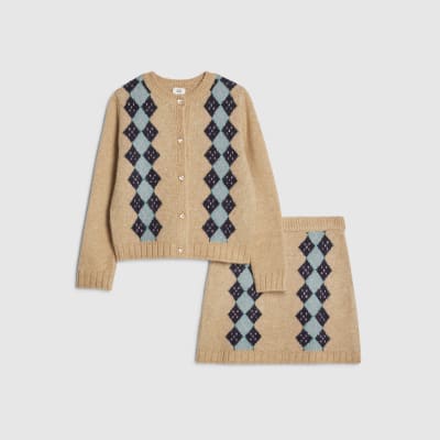Girls Beige Argyle Cardigan And Skirt Set