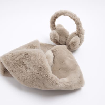 Girls Beige Bear Faux fur Ear Muff Set River Island