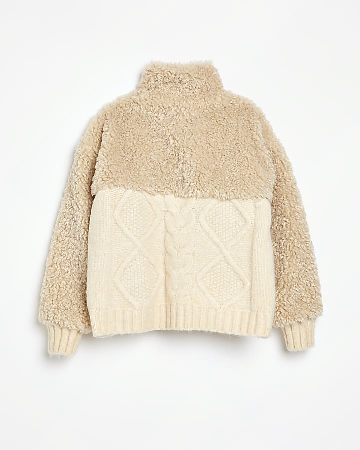Girls beige borg cable knit jumper